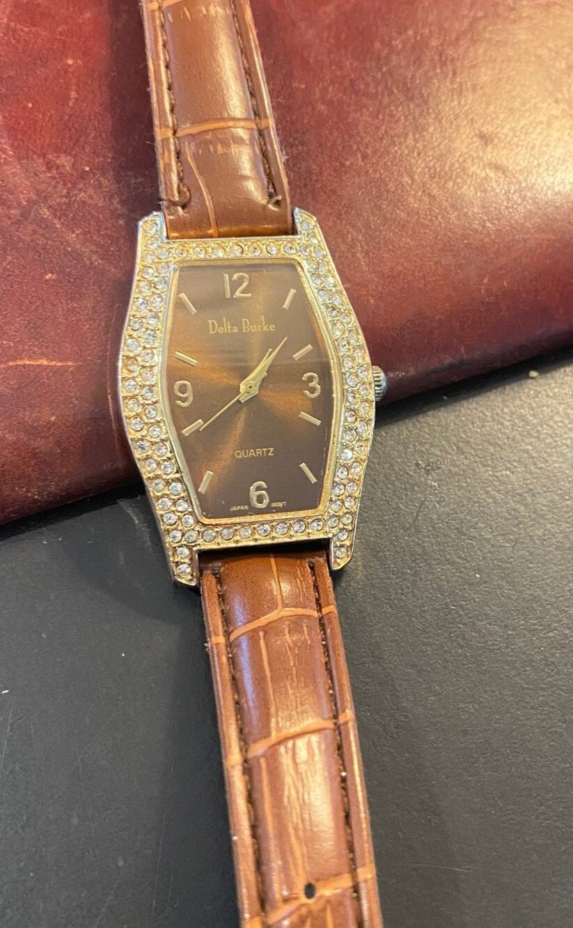 Women's Delta Burke Watch, Gold Tone and Crystal Case with Brown Band
